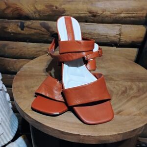 Franco Sarto Women's Stud Leather Ankle Strap Wedge Sandal in Rust Sz 10